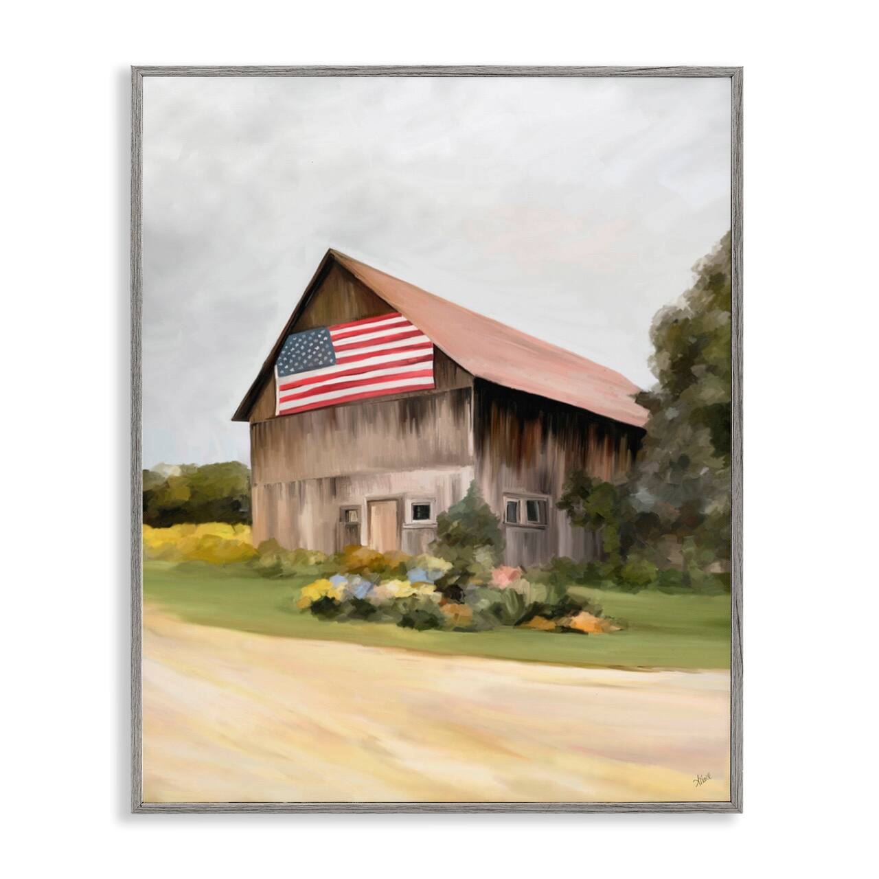 Stupell Industries Rural Americana Home Countryside Farm Flag Painting Framed Giclee Art